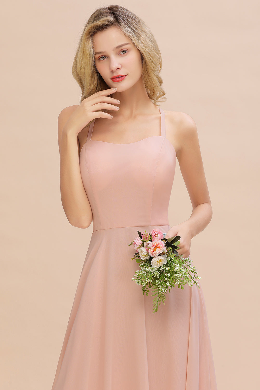 Modern Pink Long Chiffon A-line Open Back Bridesmaid Dress-Babyonlinedress