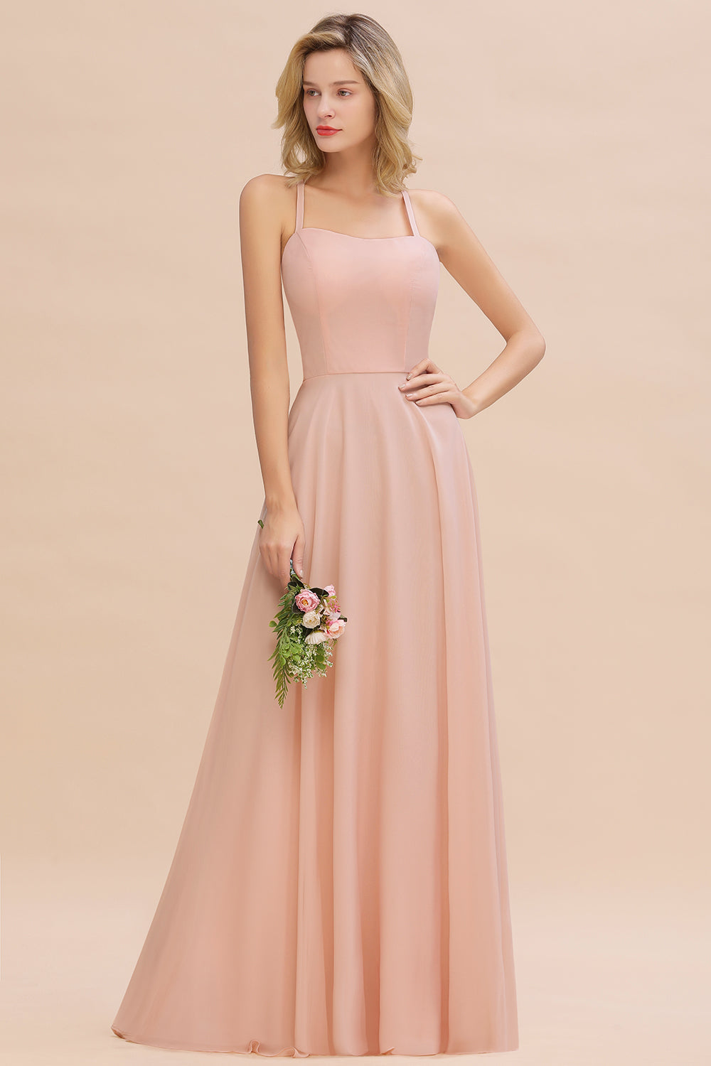 Modern Pink Long Chiffon A-line Open Back Bridesmaid Dress-Babyonlinedress