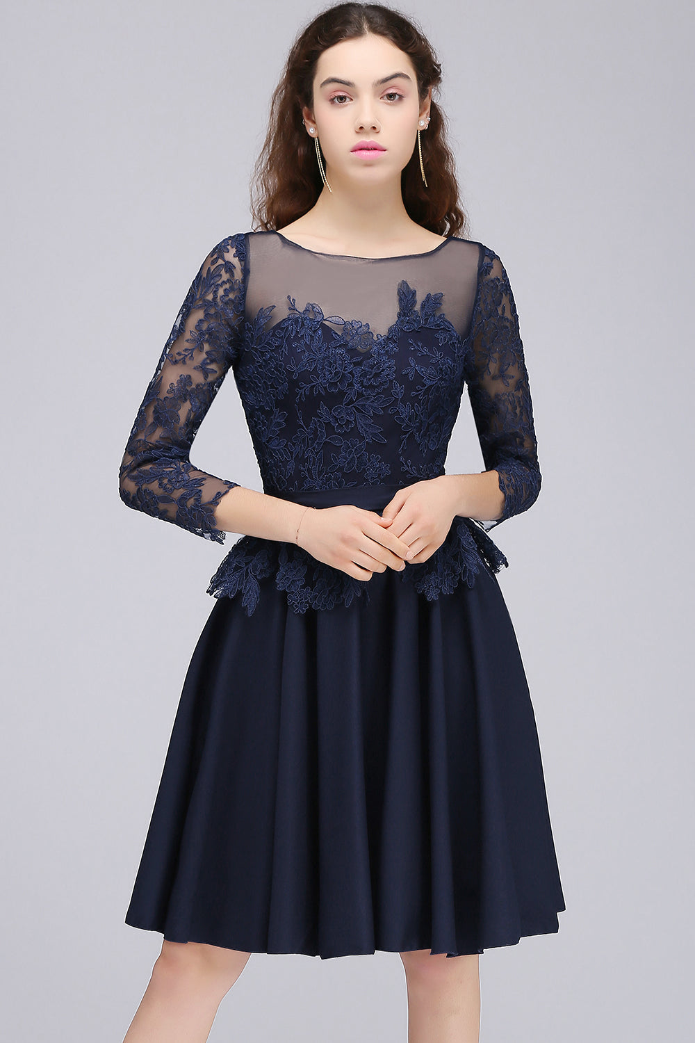 Modest 3/4 Sleeves Short Navy Lace Bridesmaid Dresses with Appliques-Babyonlinedress