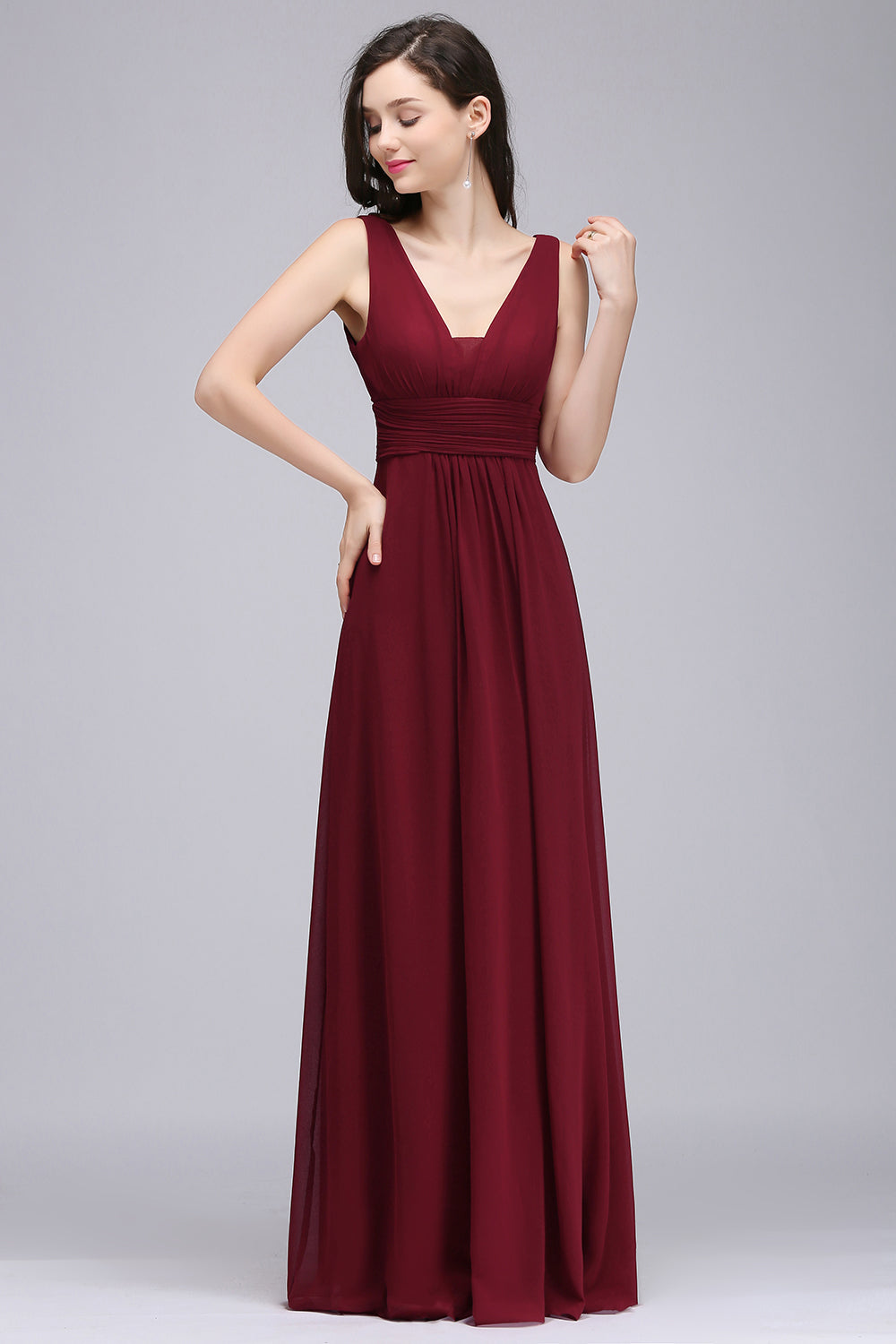 Modest Burgundy V-Neck Sleeveless Long Bridesmaid Dresses Affordable-Babyonlinedress