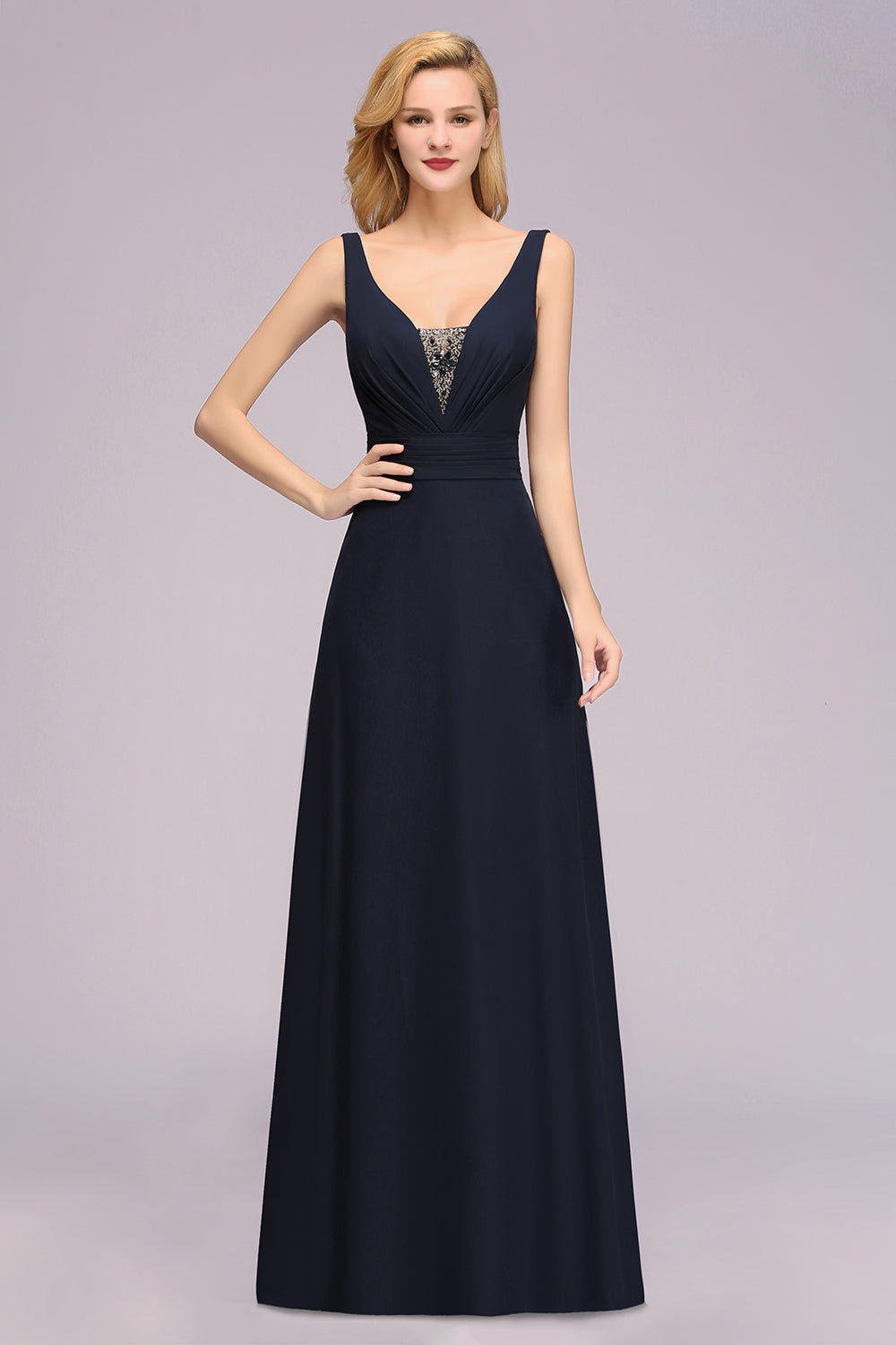 Modest Chiffon V-Neck Long Bridesmaid Dress Online with Beadings-Babyonlinedress