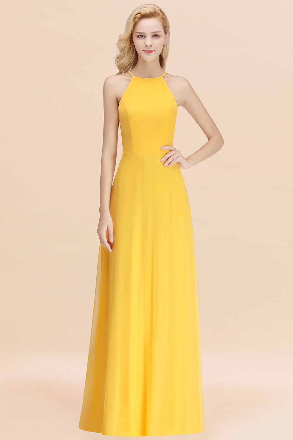 Modest High-Neck Yellow Chiffon Affordable Bridesmaid Dresses Online-Babyonlinedress
