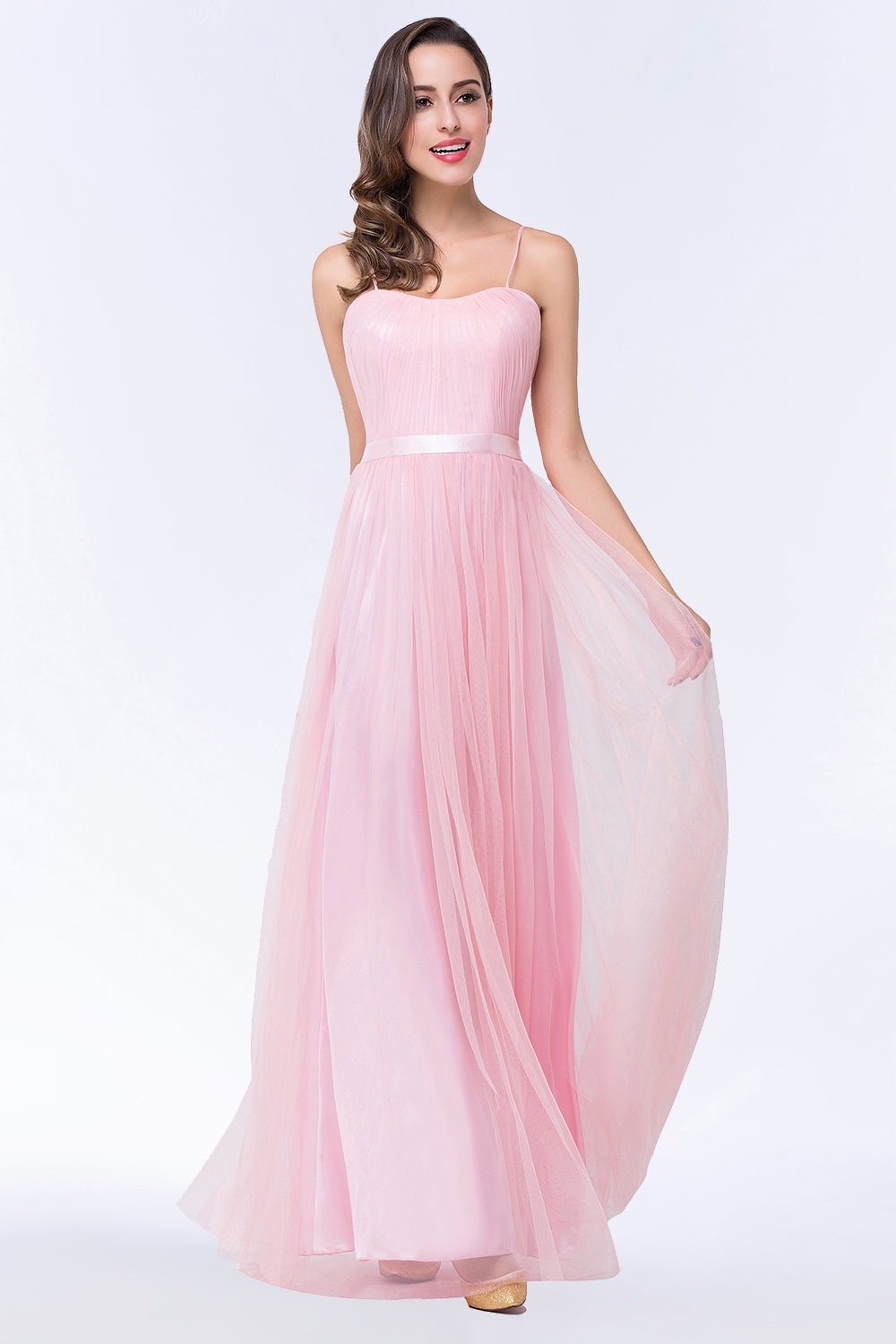 Modest Spaghetti-Straps Sweetheart Long Bridesmaid Dress with Sash-Babyonlinedress
