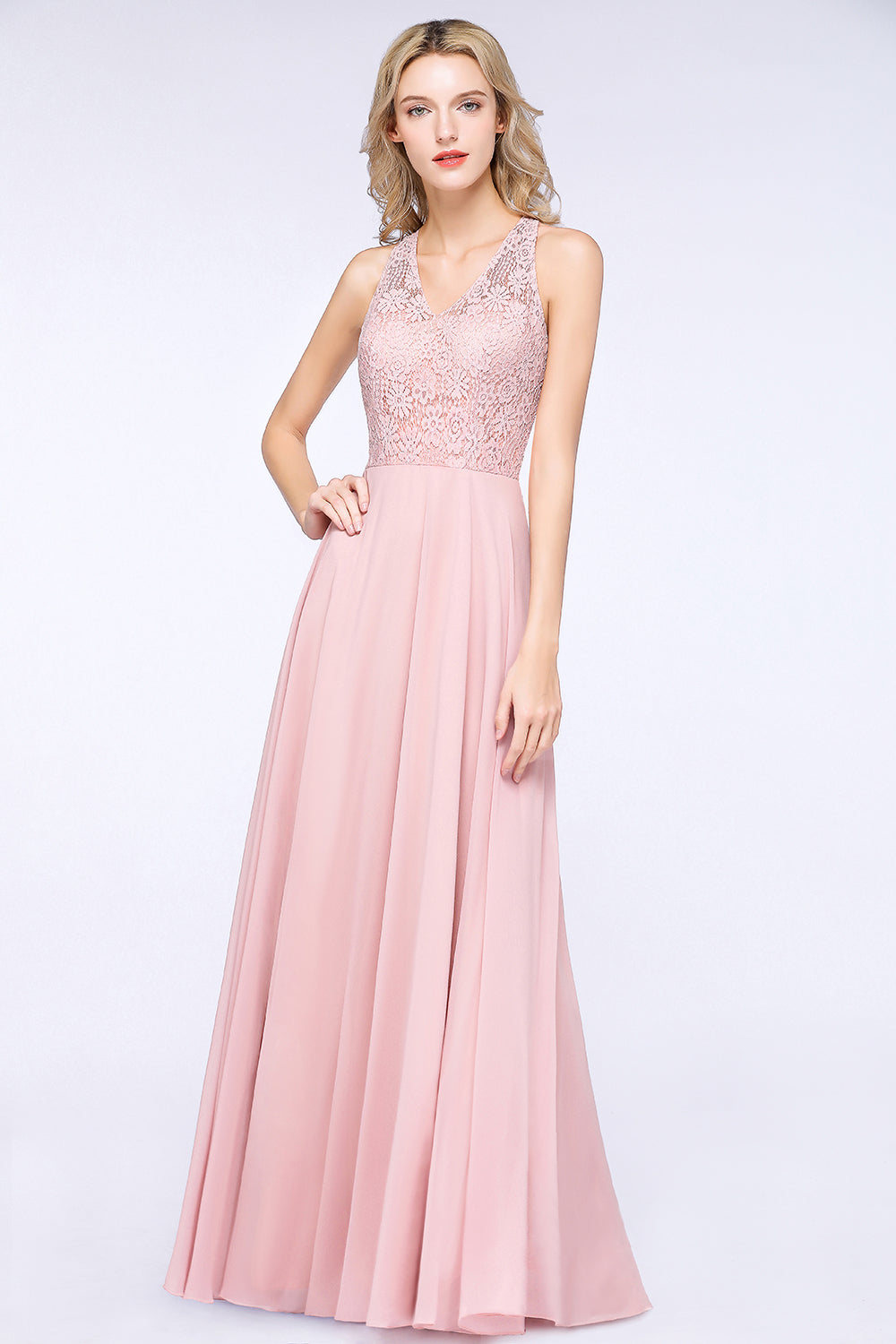 Modest V-Neck Sleeveless Pink Affordable Bridesmaid Dresses Lace-Babyonlinedress
