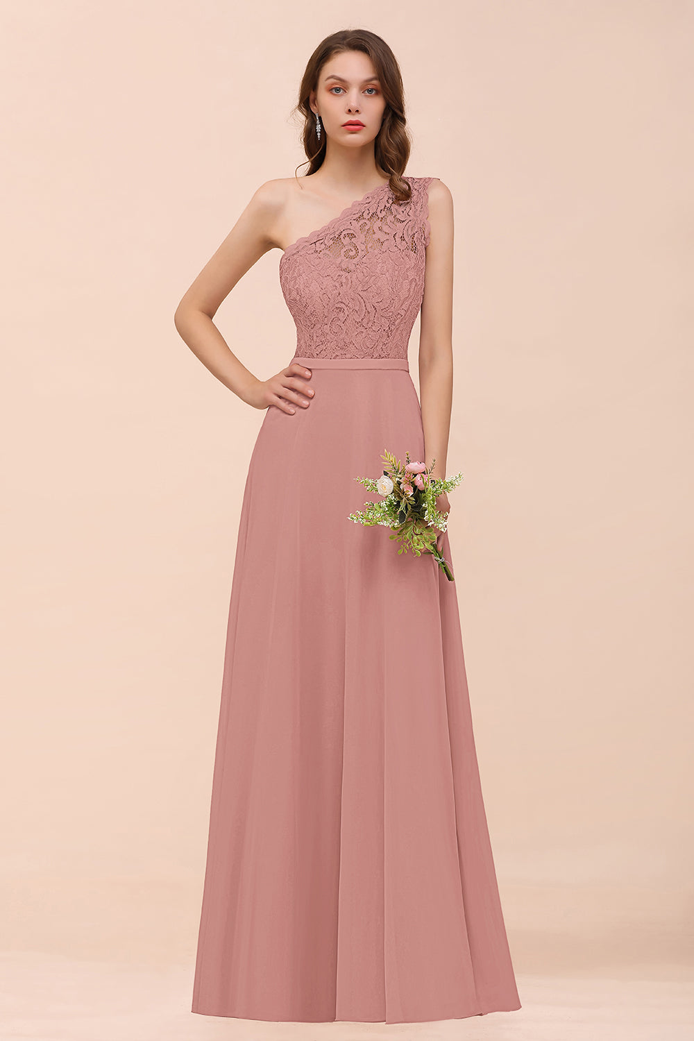 New Arrival Dusty Rose One Shoulder Lace Long Bridesmaid Dress-Babyonlinedress
