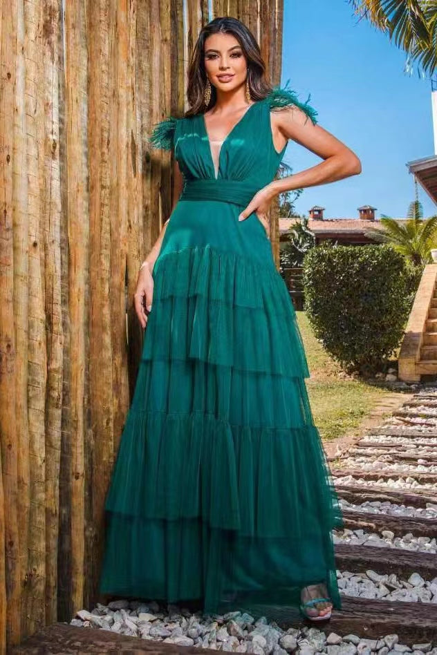 Long A-line V-neck Tulle Layered Formal Prom Dress with Feathers