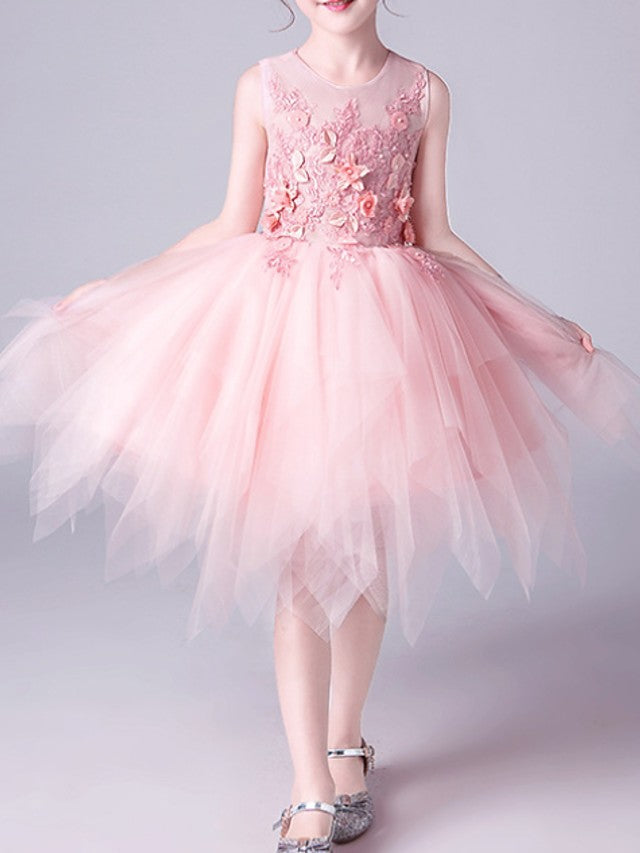 Pink Short A-Line Tulle Jewel Neck Pageant Flower Girl Dresses-Babyonlinedress