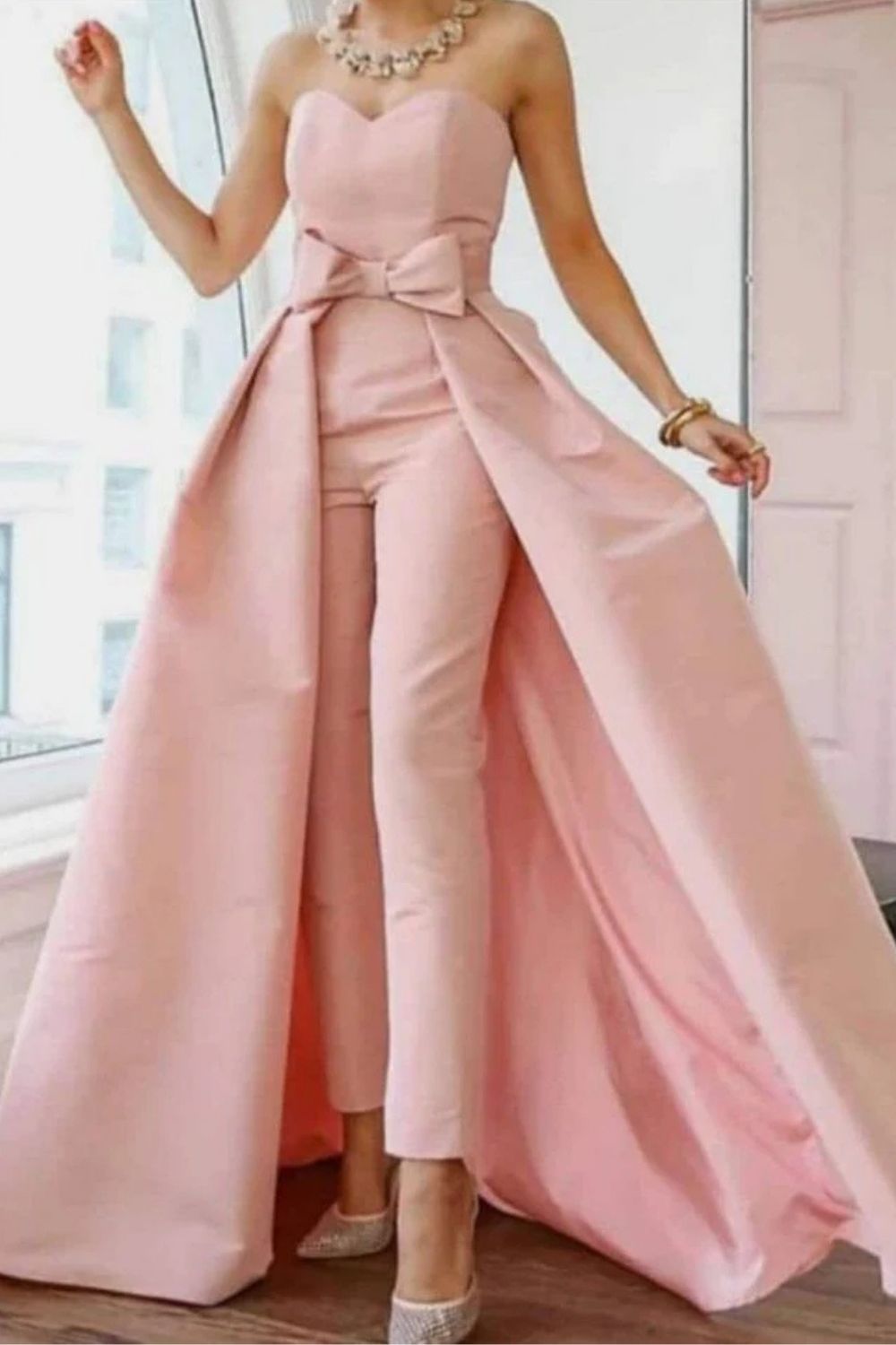 Pink Strapless Evening Dress with Sexy Back and Detachable Bow-Babyonlinedress