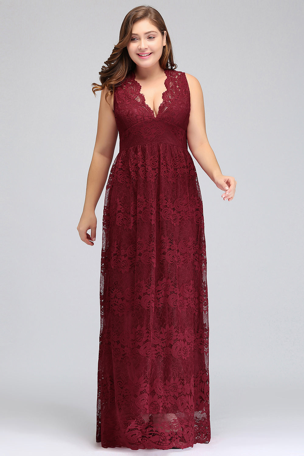Plus Size A-Line V-Neck Burgundy Lace Bridesmaid Dress Online-Babyonlinedress