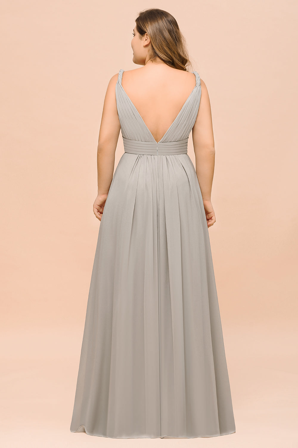 Plus Size Chiffon V-neck Sleeveless Affordable Bridesmaid Dress with Ruffle-Babyonlinedress