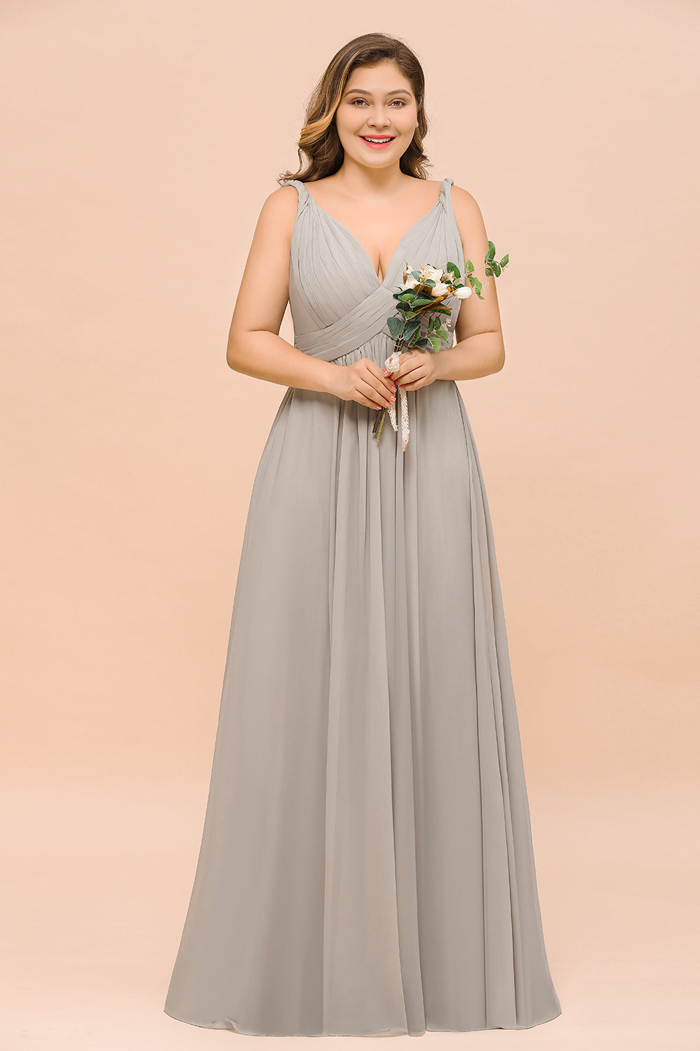 Plus Size Chiffon V-neck Sleeveless Affordable Bridesmaid Dress with Ruffle-Babyonlinedress