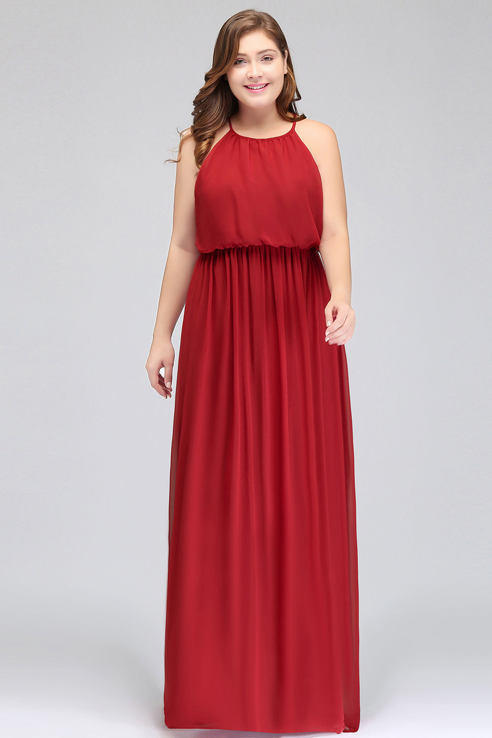 Plus Size Elegant Halter Red Chiffon Long Bridesmaid Dresses with Ruffle-Babyonlinedress
