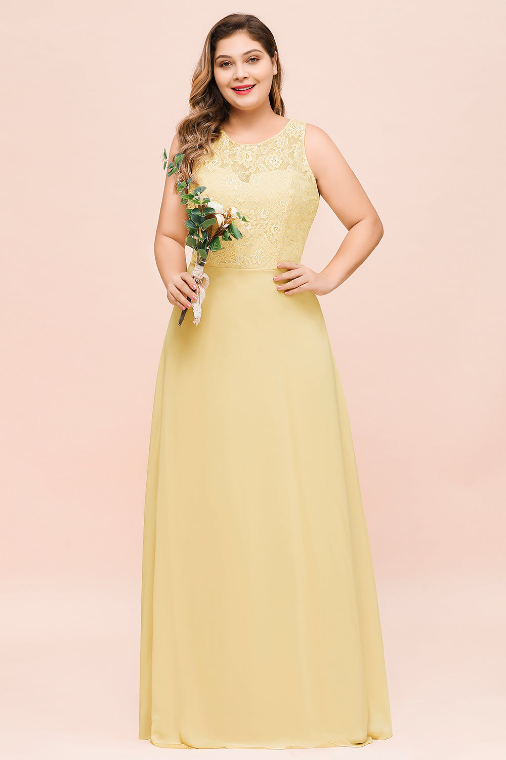 Plus Size Lace Sleeveless Affordable Daffodil Bridesmaid Dress-Babyonlinedress