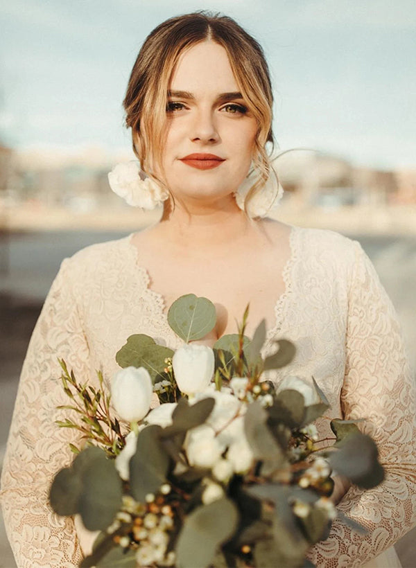 Plus Size Long A-line Lace Pleats Tulle Long Sleeves Wedding Dresses-27dress