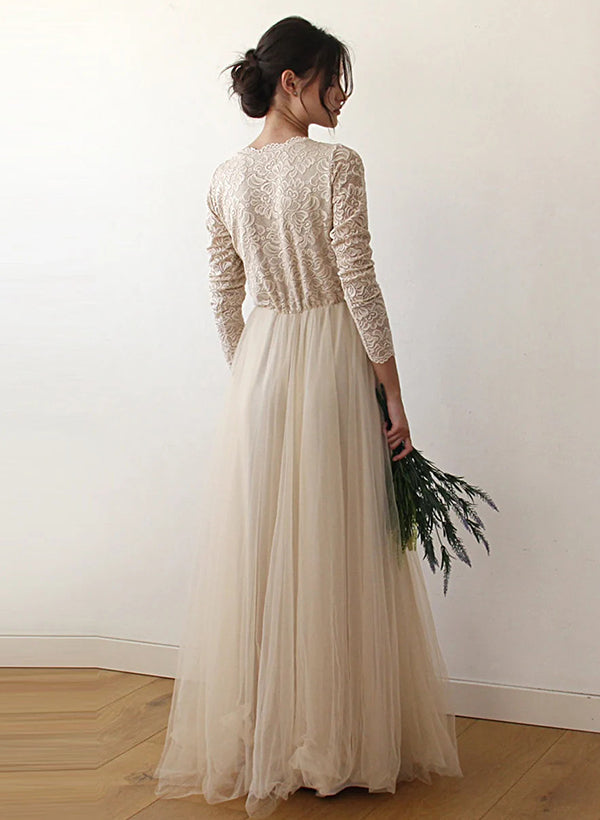 Plus Size Long A-line Lace Pleats Tulle Long Sleeves Wedding Dresses-27dress