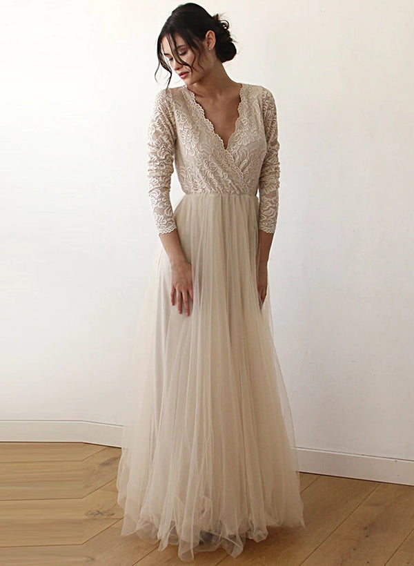 Plus Size Long A-line Lace Pleats Tulle Long Sleeves Wedding Dresses-27dress