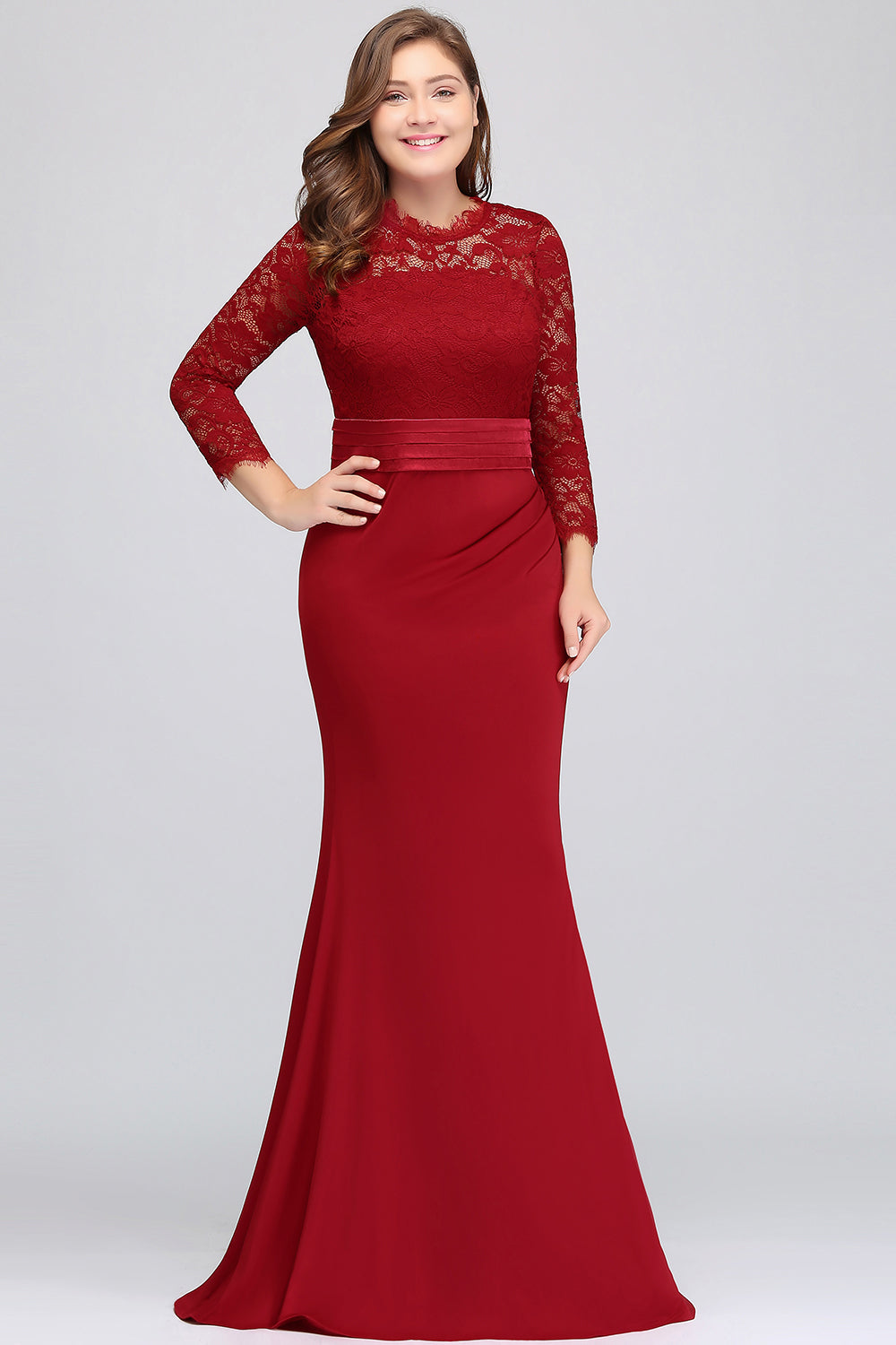Plus Size Mermaid Long Red Lace Bridesmaid Dresses with 3/4 Sleeves-Babyonlinedress