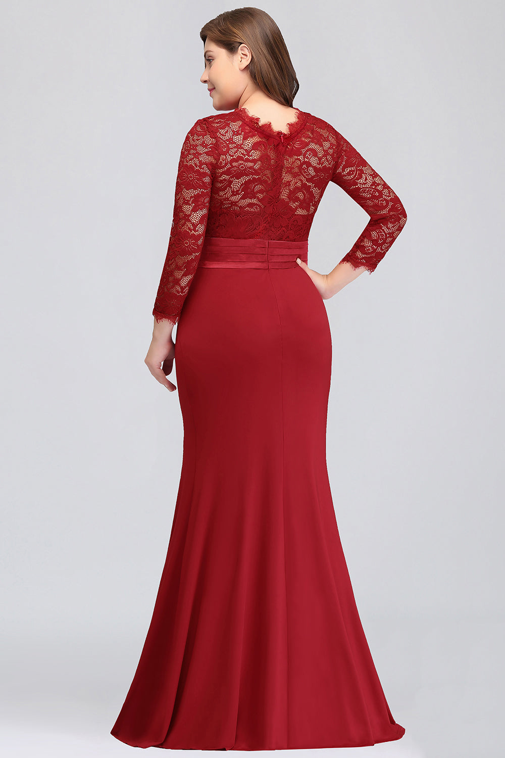 Plus Size Mermaid Long Red Lace Bridesmaid Dresses with 3/4 Sleeves-Babyonlinedress