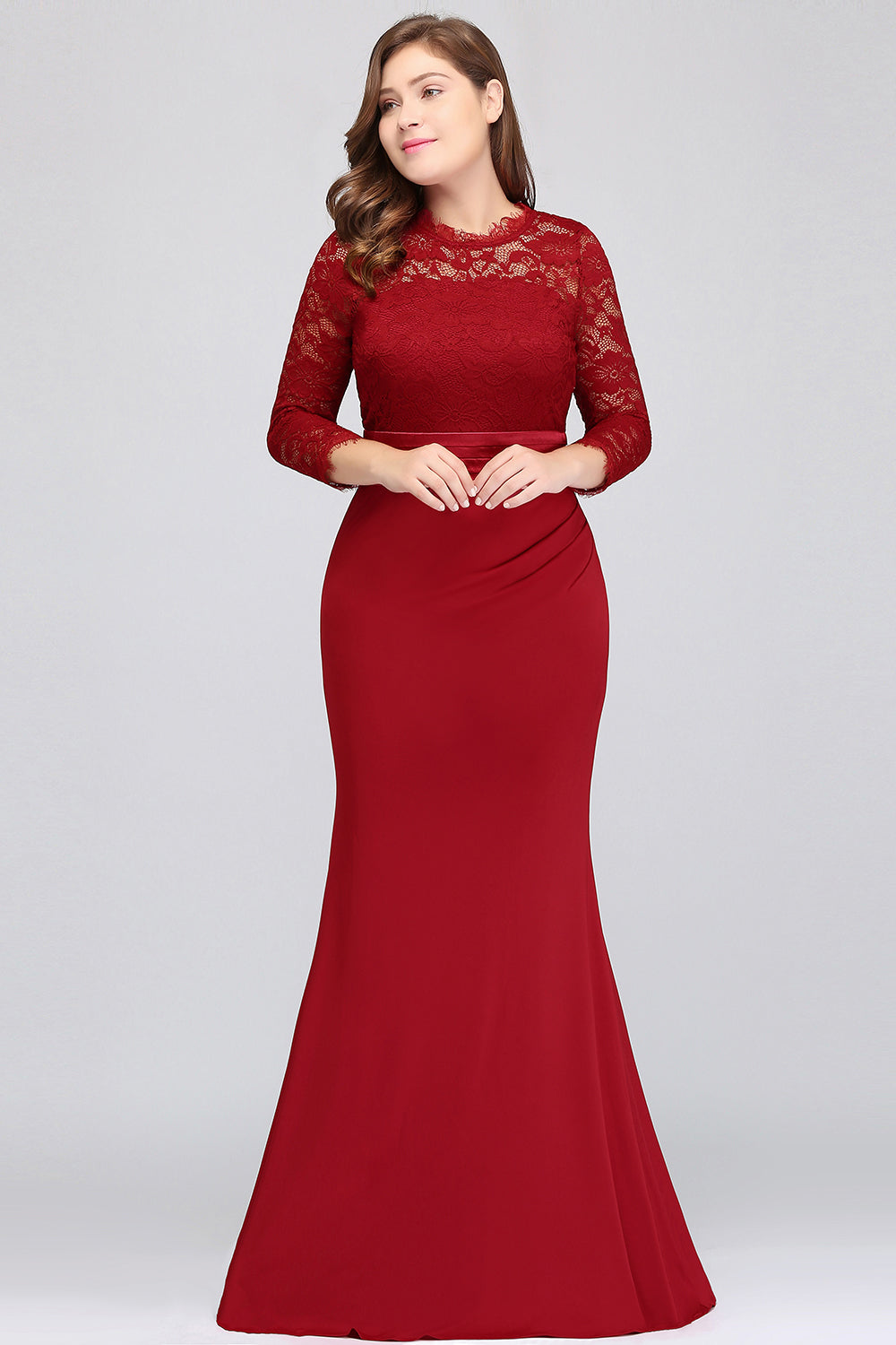 Plus Size Mermaid Long Red Lace Bridesmaid Dresses with 3/4 Sleeves-Babyonlinedress