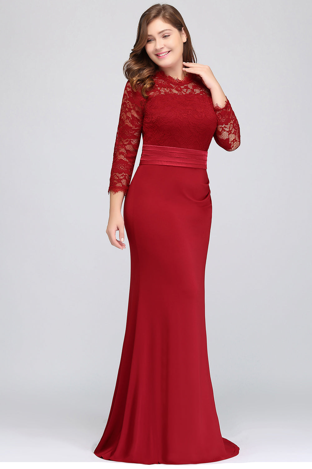 Plus Size Mermaid Long Red Lace Bridesmaid Dresses with 3/4 Sleeves-Babyonlinedress