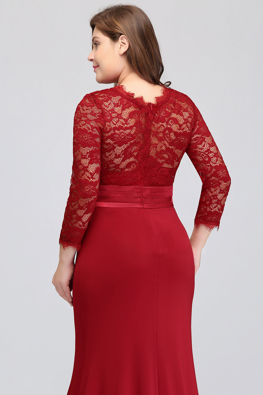 Plus Size Mermaid Long Red Lace Bridesmaid Dresses with 3/4 Sleeves-Babyonlinedress