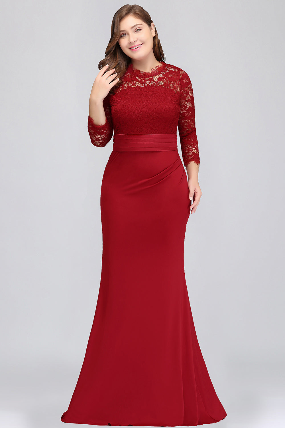 Plus Size Mermaid Long Red Lace Bridesmaid Dresses with 3/4 Sleeves-Babyonlinedress