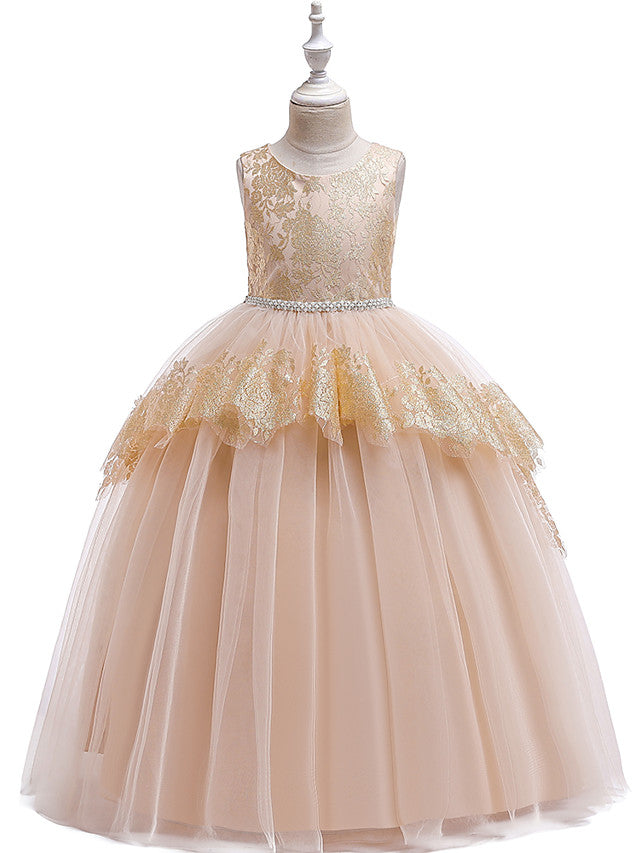 Princess Lace Satin Tulle Sleeveless Jewel Neck Wedding Party Pageant Flower Girl Dresses-Babyonlinedress