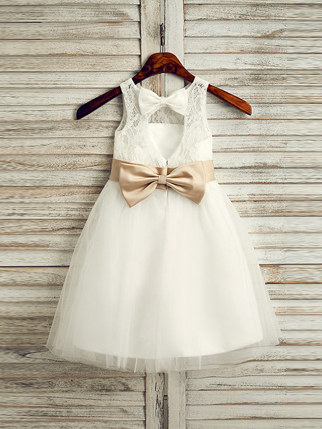 Princess Lace Tulle Satin Chiffon Jewel Neck Wedding First Communion Flower Girl Dresses With Belt-Babyonlinedress
