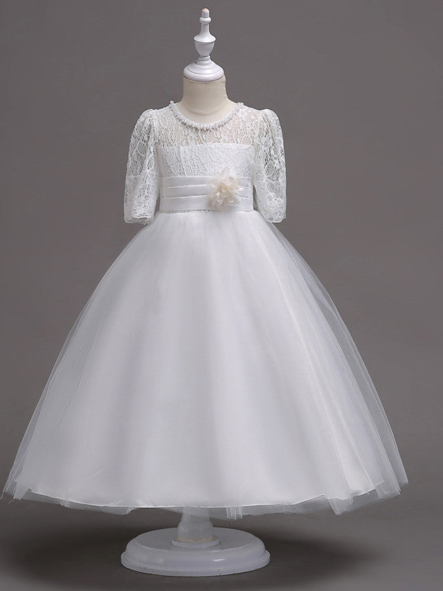 Princess Satin Tulle Jewel Neck Wedding First Communion Flower Girl Dresses with Sleeves-Babyonlinedress