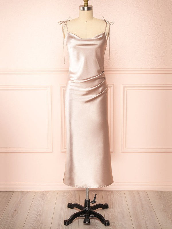 Ruffles Bridesmaid Dresses in Silk-like Satin with Cowl Neck Sheath/Column Tea-length