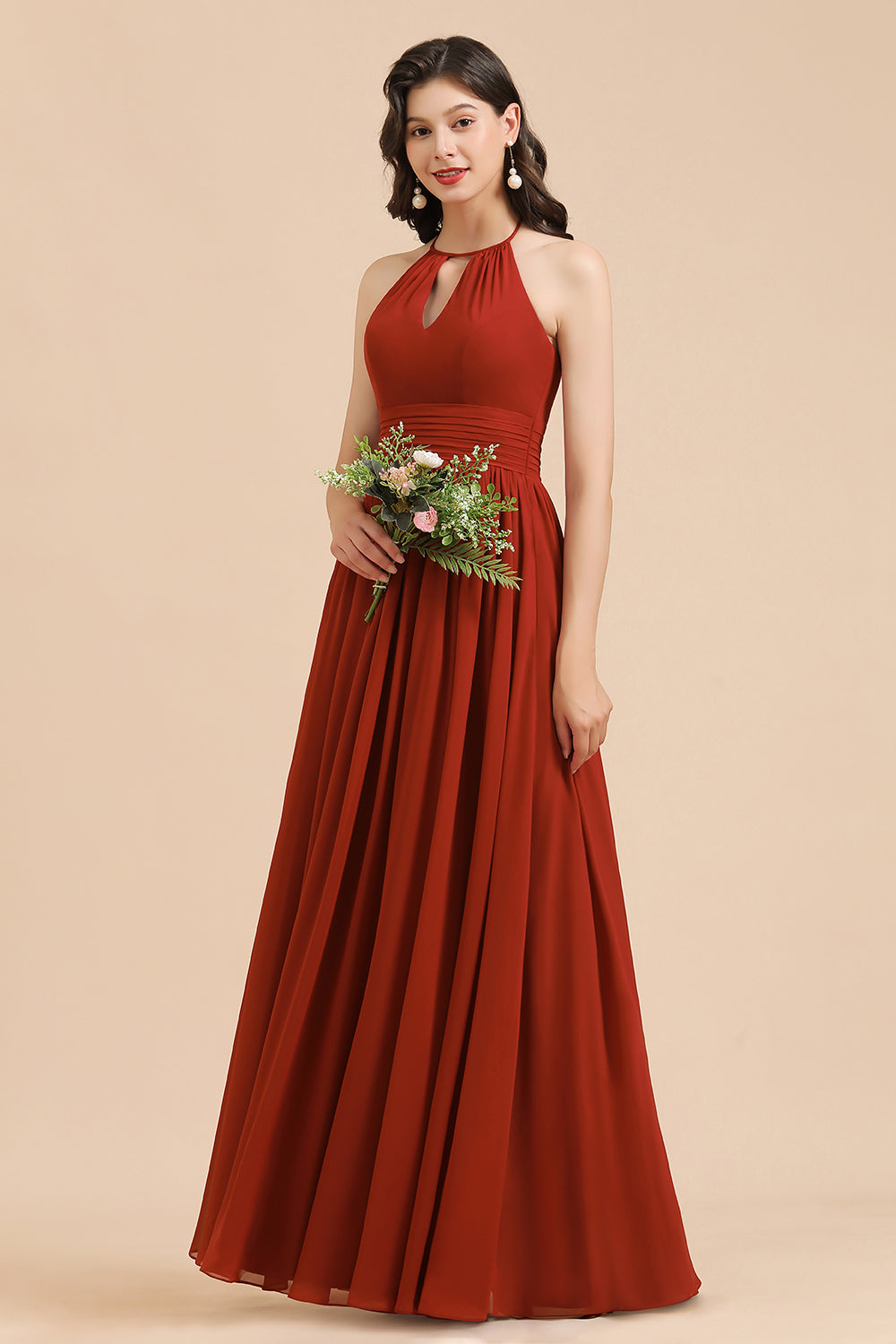Rust Halter Long Chiffon Bridesmaid Dress On Sale-Babyonlinedress