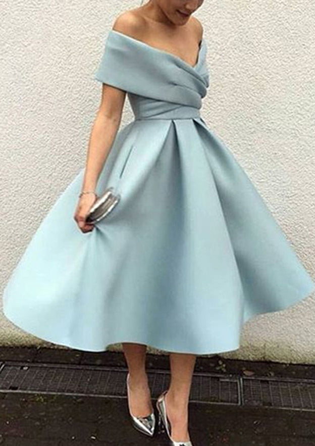 Satin Tea-Length Homecoming Dress With Pleated Ball Gown Off-the-Shoulder Sleeveless - Babyonlinedress