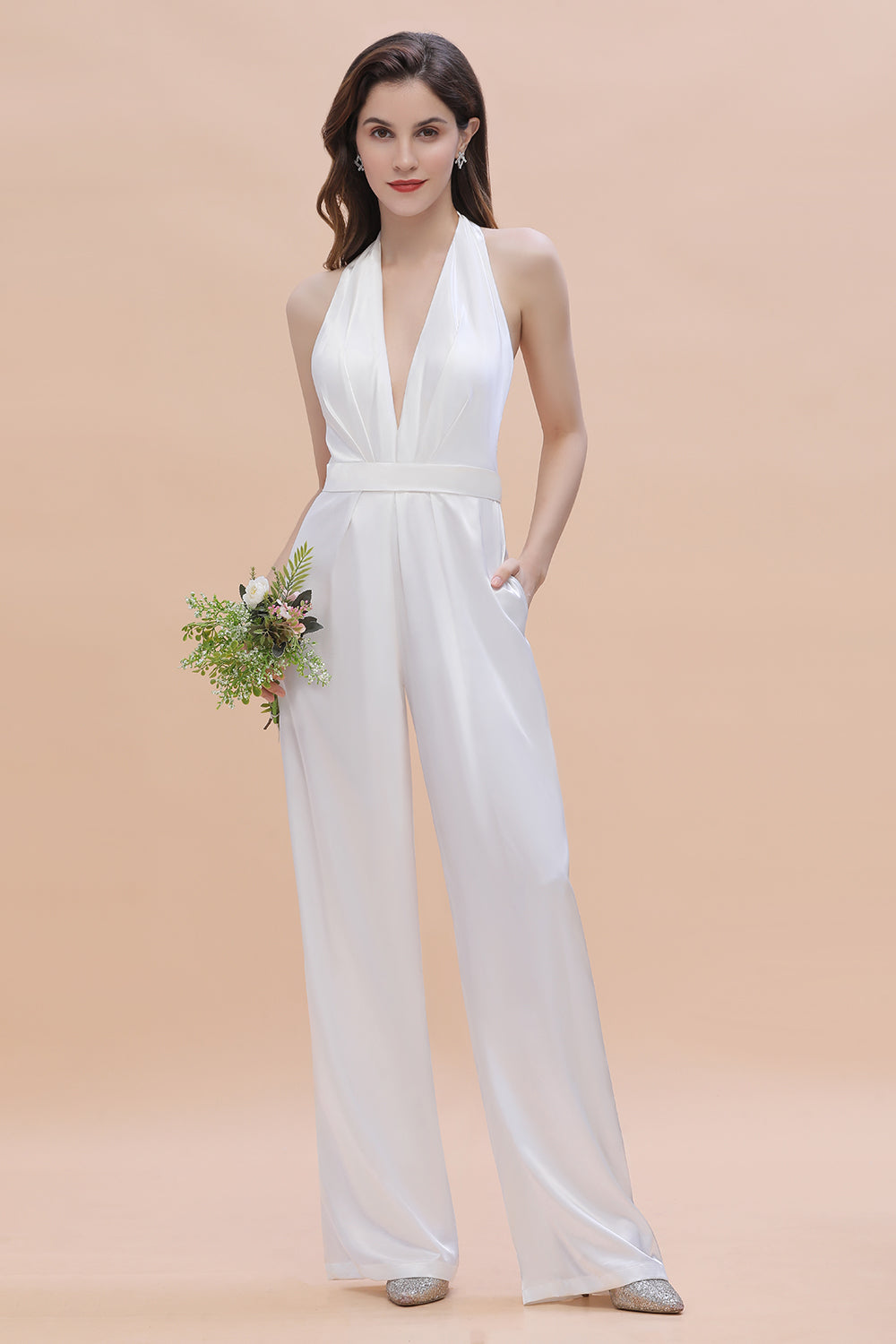 Sexy Deep-V-Neck Halter Backless Charmeuse Bridesmaid Jumpsuit Online-Babyonlinedress