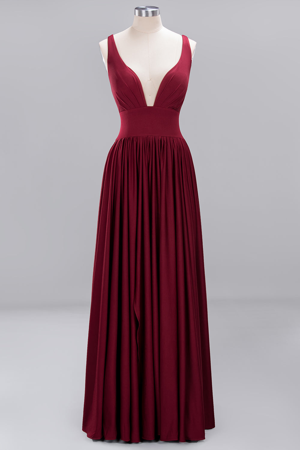 Sexy Deep V-Neck Sleeveless Bridesmaid Dress Burgundy Chiffon Wedding Party Dress-Babyonlinedress