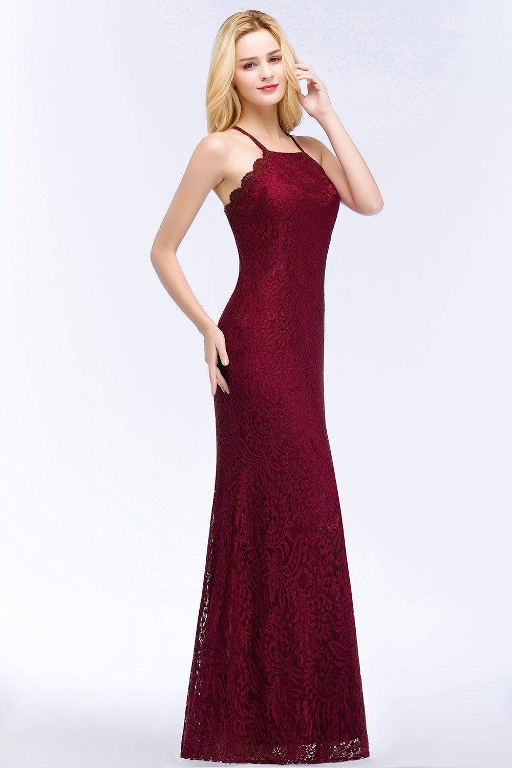 Sexy Mermaid Lace Long Burgundy Bridesmaid Dresses with Crisscross Back-Babyonlinedress