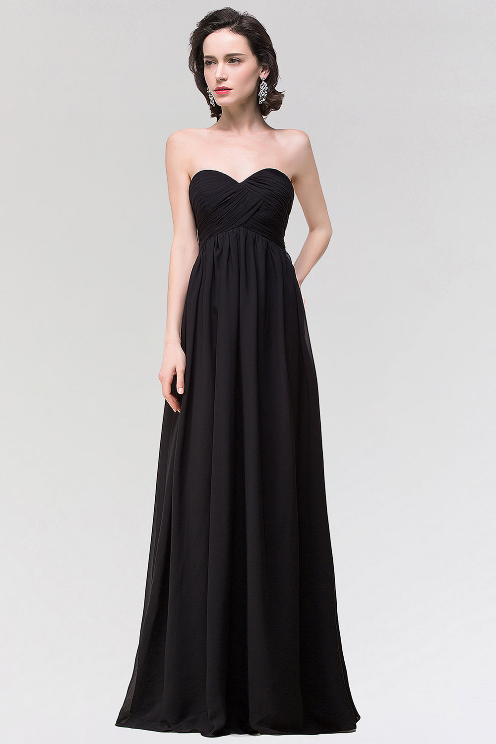 Sexy Strapless Sweetheart Long Black Chiffon Bridesmaid Dress with Ruffles-Babyonlinedress