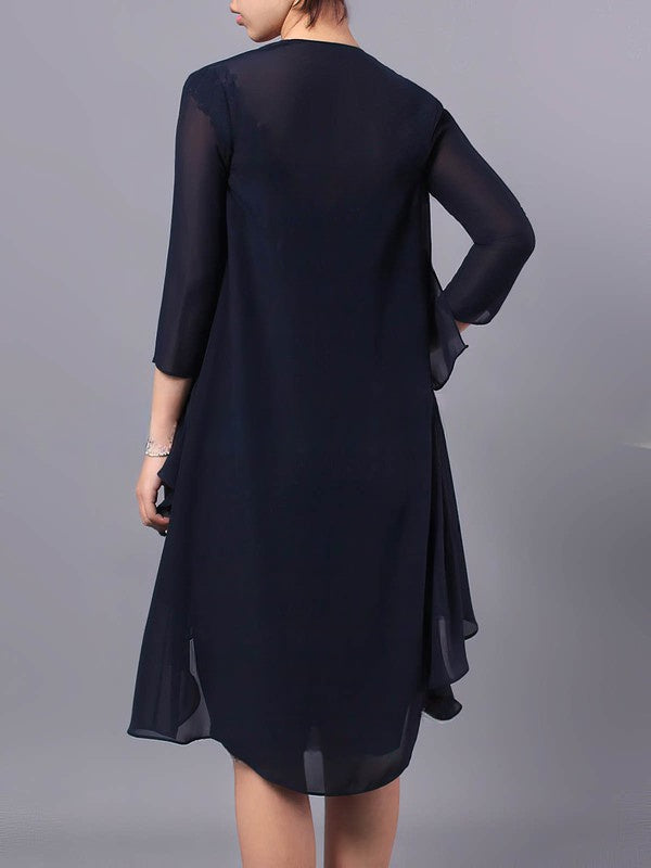 Sheath/Column V-neck Chiffon Tulle Knee-length Beading Mother of the Bride Dress