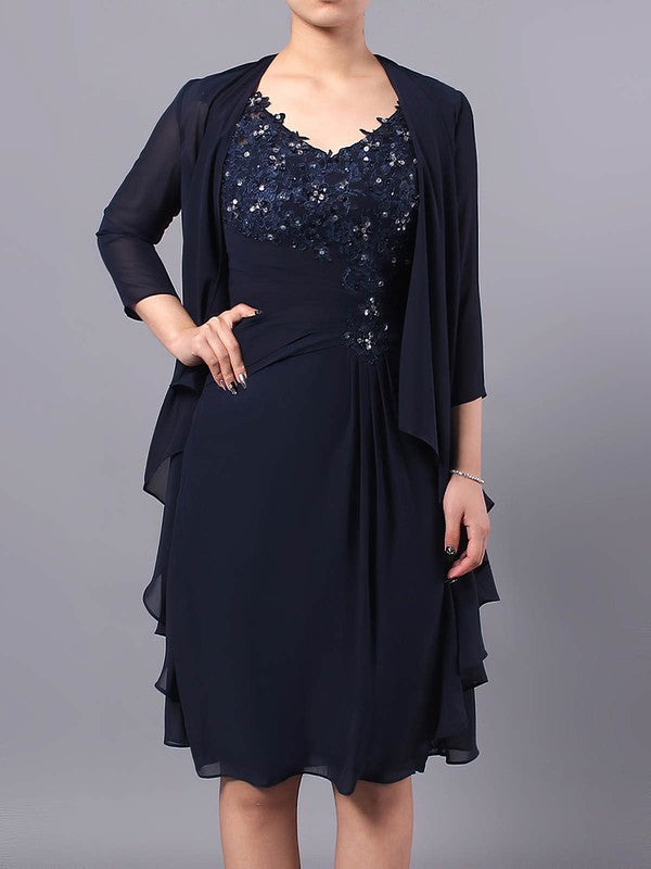 Sheath/Column V-neck Chiffon Tulle Knee-length Beading Mother of the Bride Dress