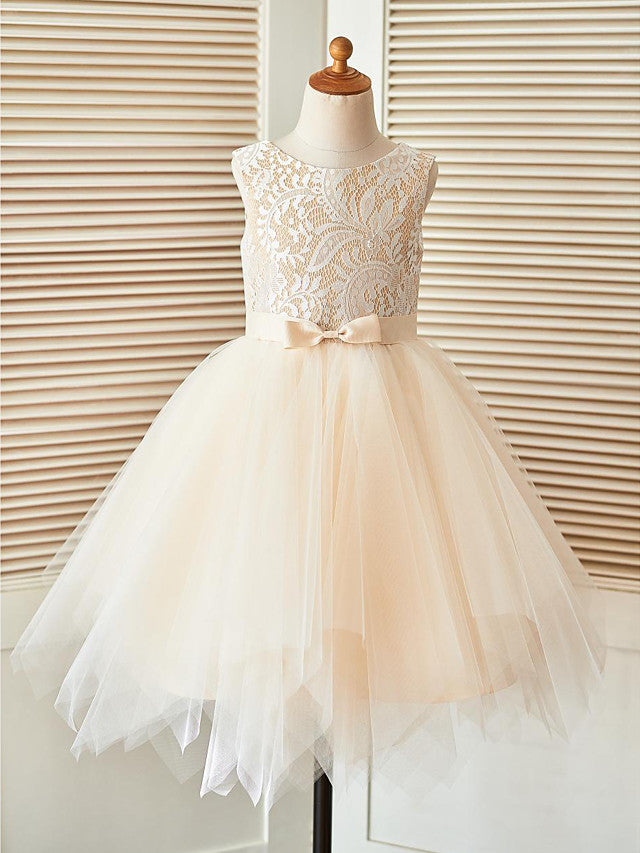 Short A-Line Lace Tulle Sleeveless Scoop Neck Pageant Flower Girl Dresses-Babyonlinedress