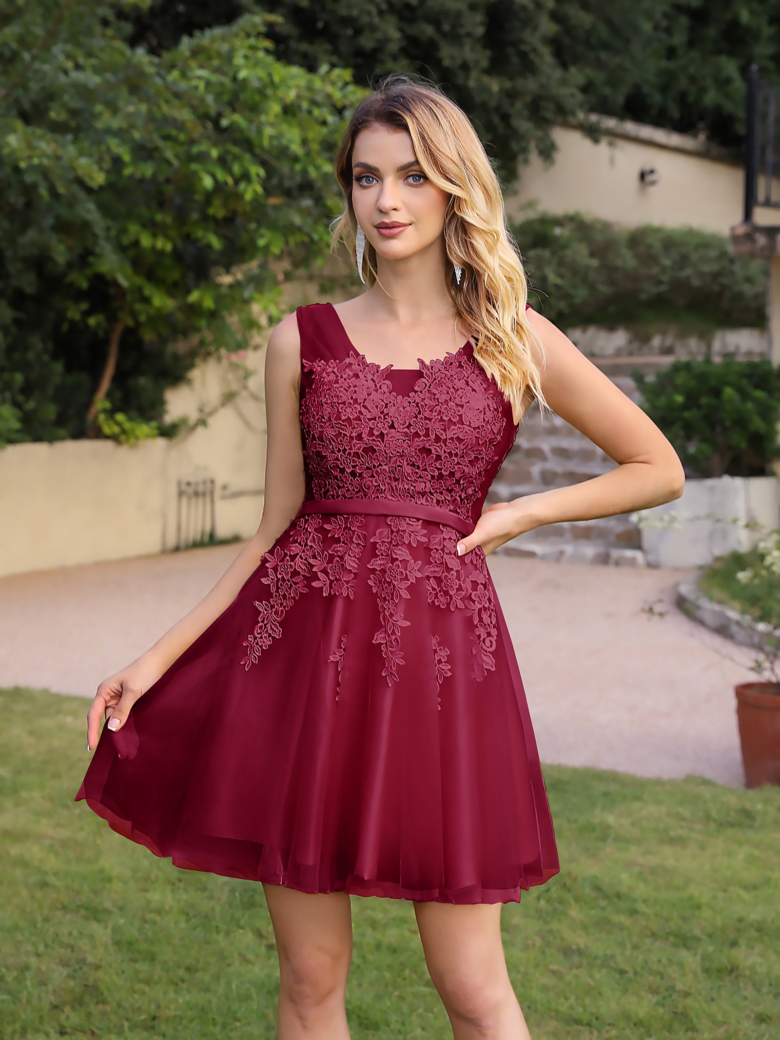 Short A-line Mini Tulle Formal Dress with Lace Appliques-Babyonlinedress