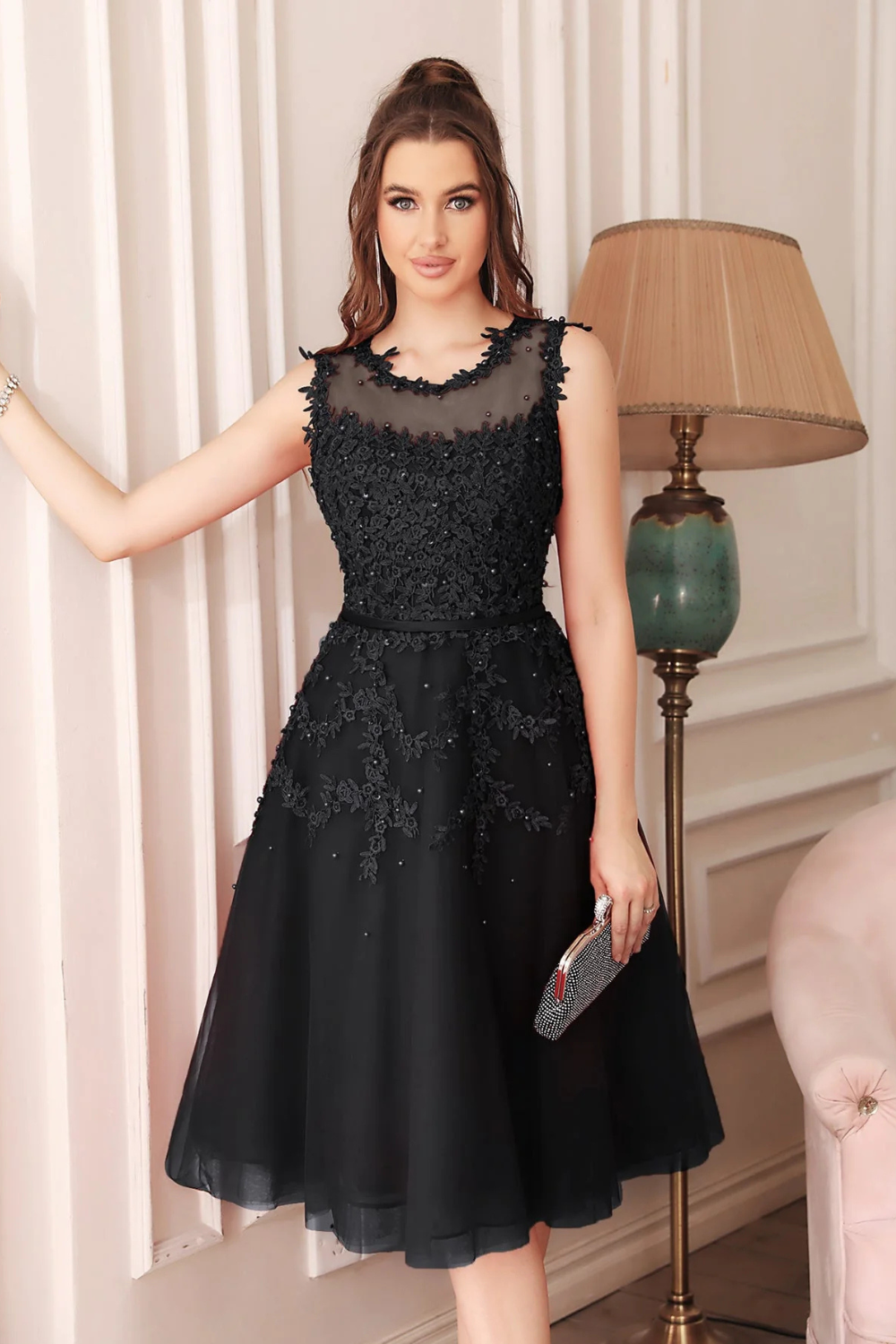 Short A Line Sleeveless Crew Neck Tulle Lace Formal Dress-Babyonlinedress