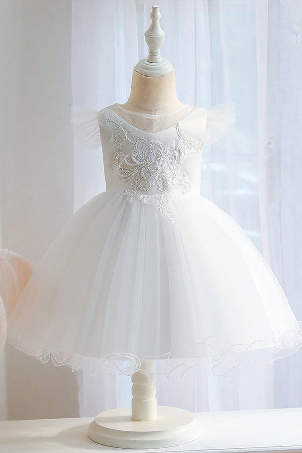 Short Ball Gown Appliques Lace Pleated Tulle Flower Girl Dresses-Babyonlinedress