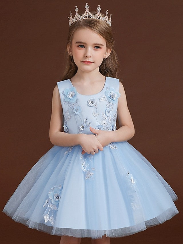 Short Ball Gown Jewel Neck Tulle Satin Chiffon Wedding Party Flower Girl Dresses-Babyonlinedress