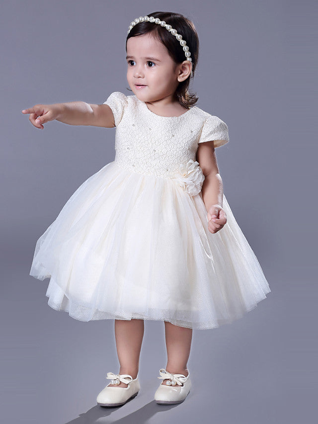 Short Ball Gown Lace Jewel Neck Wedding Event Party Flower Girl Dresses with Sleeves-Babyonlinedress