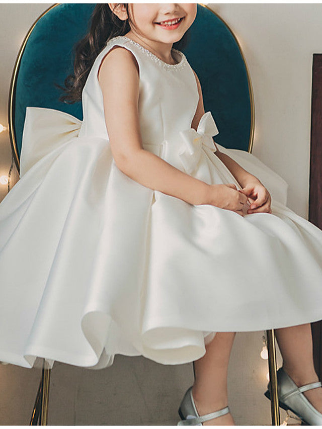 Short Ball Gown Satin Sleeveless Jewel Neck Wedding Party Flower Girl Dresses-Babyonlinedress