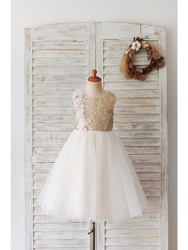 Short Ball Gown Tulle Sequined Wedding Birthday Flower Girl Dresses-Babyonlinedress