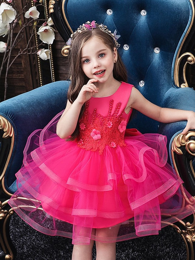 Short Ball Gown Tulle Sleeveless Jewel Neck Wedding Party Flower Girl Dresses-Babyonlinedress