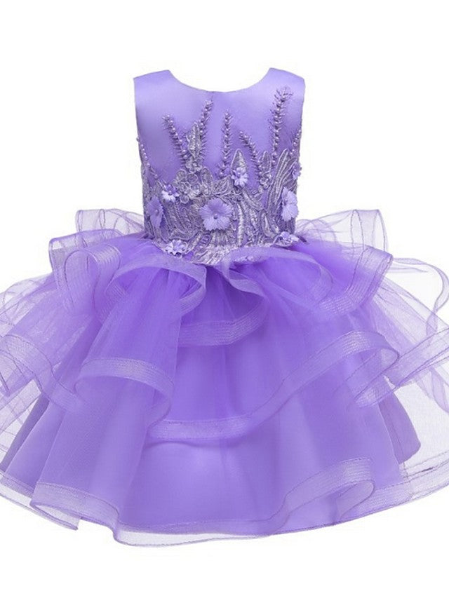 Short Ball Gown Tulle Sleeveless Jewel Neck Wedding Party Flower Girl Dresses-Babyonlinedress