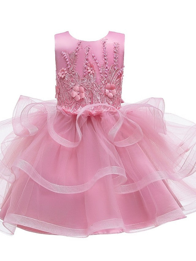 Short Ball Gown Tulle Sleeveless Jewel Neck Wedding Party Flower Girl Dresses-Babyonlinedress