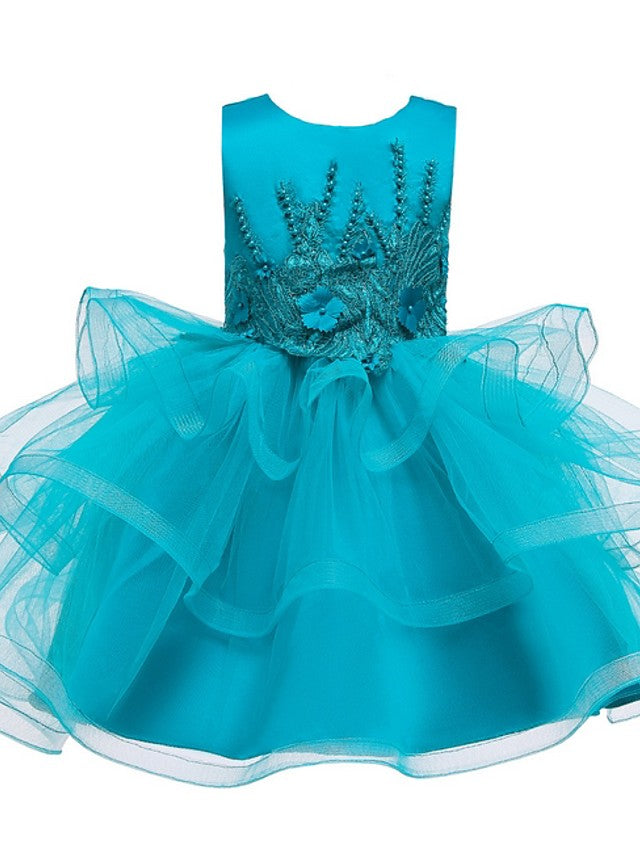 Short Ball Gown Tulle Sleeveless Jewel Neck Wedding Party Flower Girl Dresses-Babyonlinedress